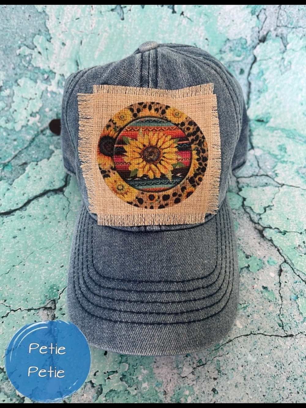 Denim Sunflower Patch Baseball Cap - Blue
